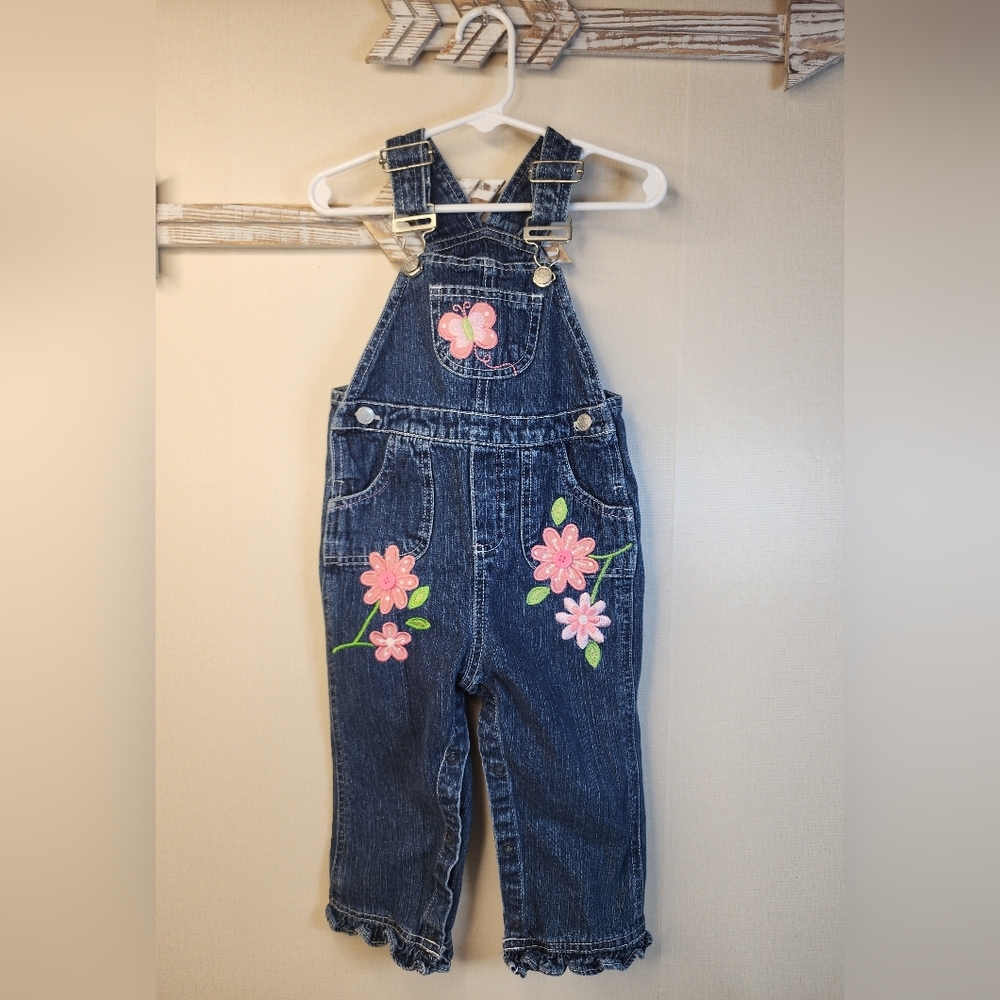 Vintage Jeans Wear Co Denim Overalls with Pink Floral Embroidery